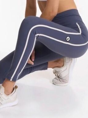 Vuori Track Leggings Azure Blue Gray Women's High Rise Stripe Ankle Yoga Running